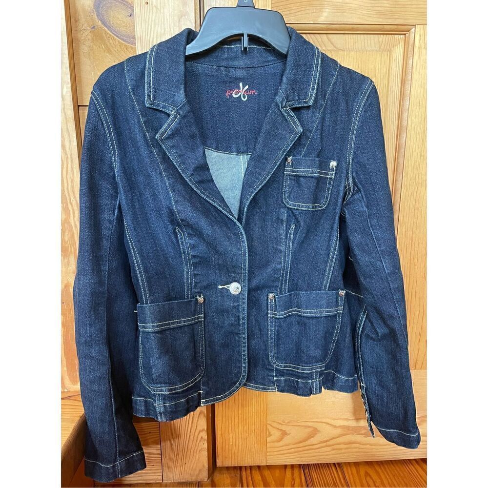 Premium Womens Navy Cotton Pockets Long Sleeve Button Front Denim Jacket Small